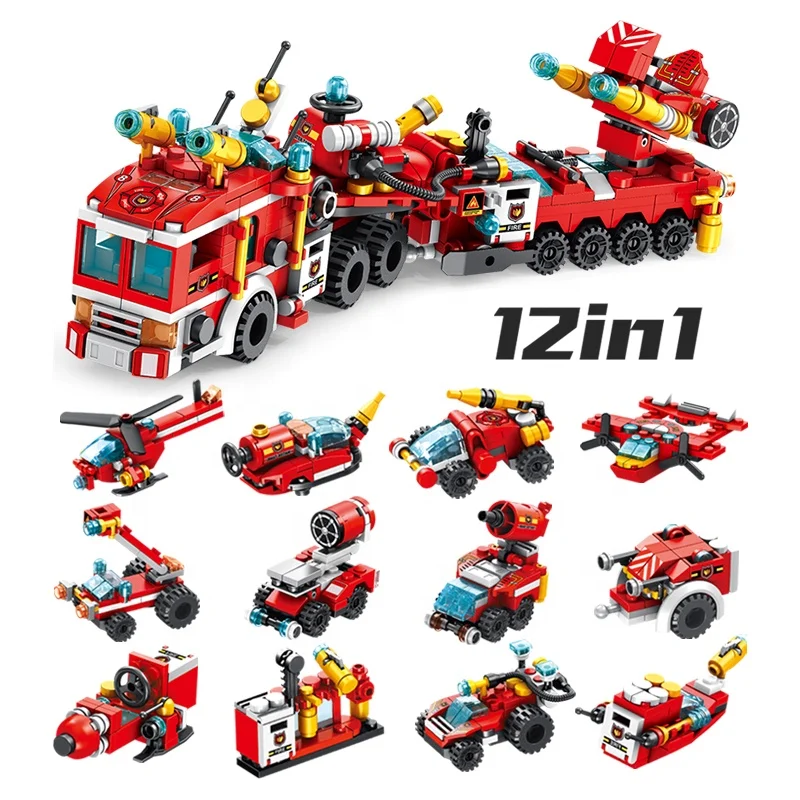 12-in-1 Panlos City Engineering Truck Fire Protection Vehicle Series Deformation Robot STEM Construction Building Blocks Toy