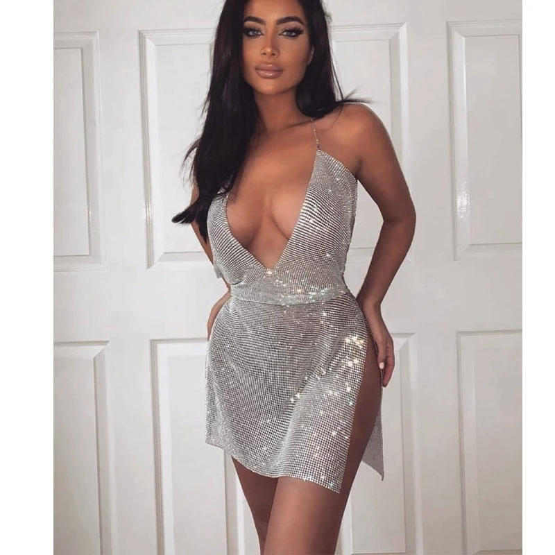 Custom Female Deep V Neck Mesh Bling Overlay Dresses Chainmail Clothing For Party Ripped Diamante Rhinestone Dress