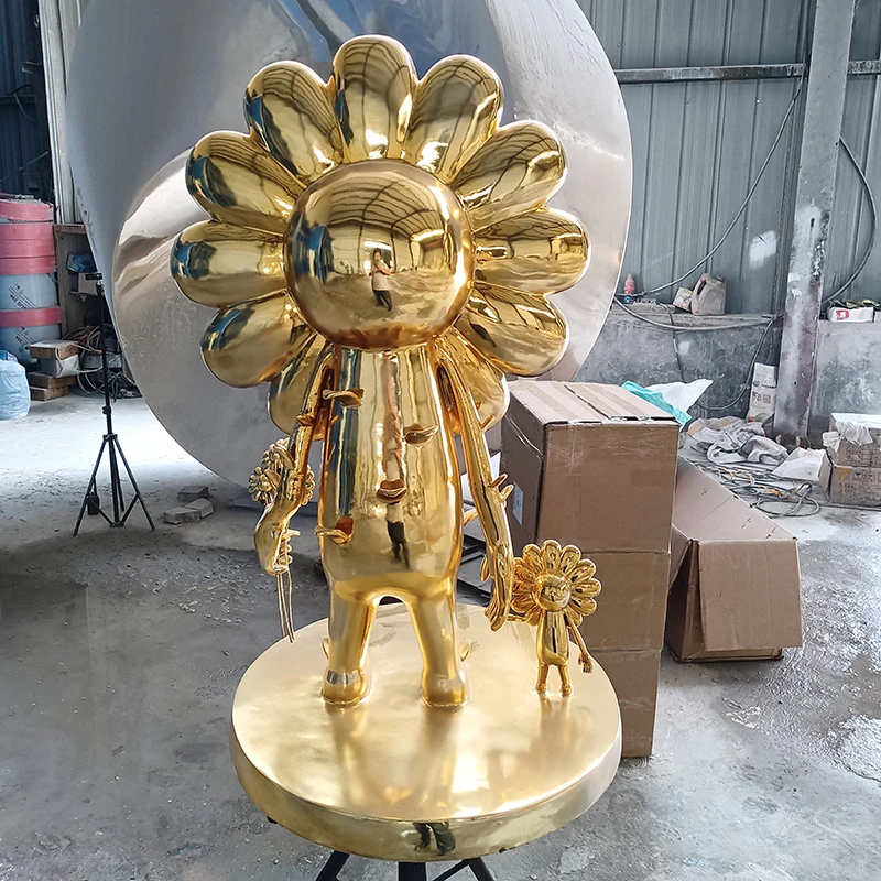 fiberglass art sculpture electroplating golden cartoon sunflower statue flower plant animation mall decoration resin crafts
