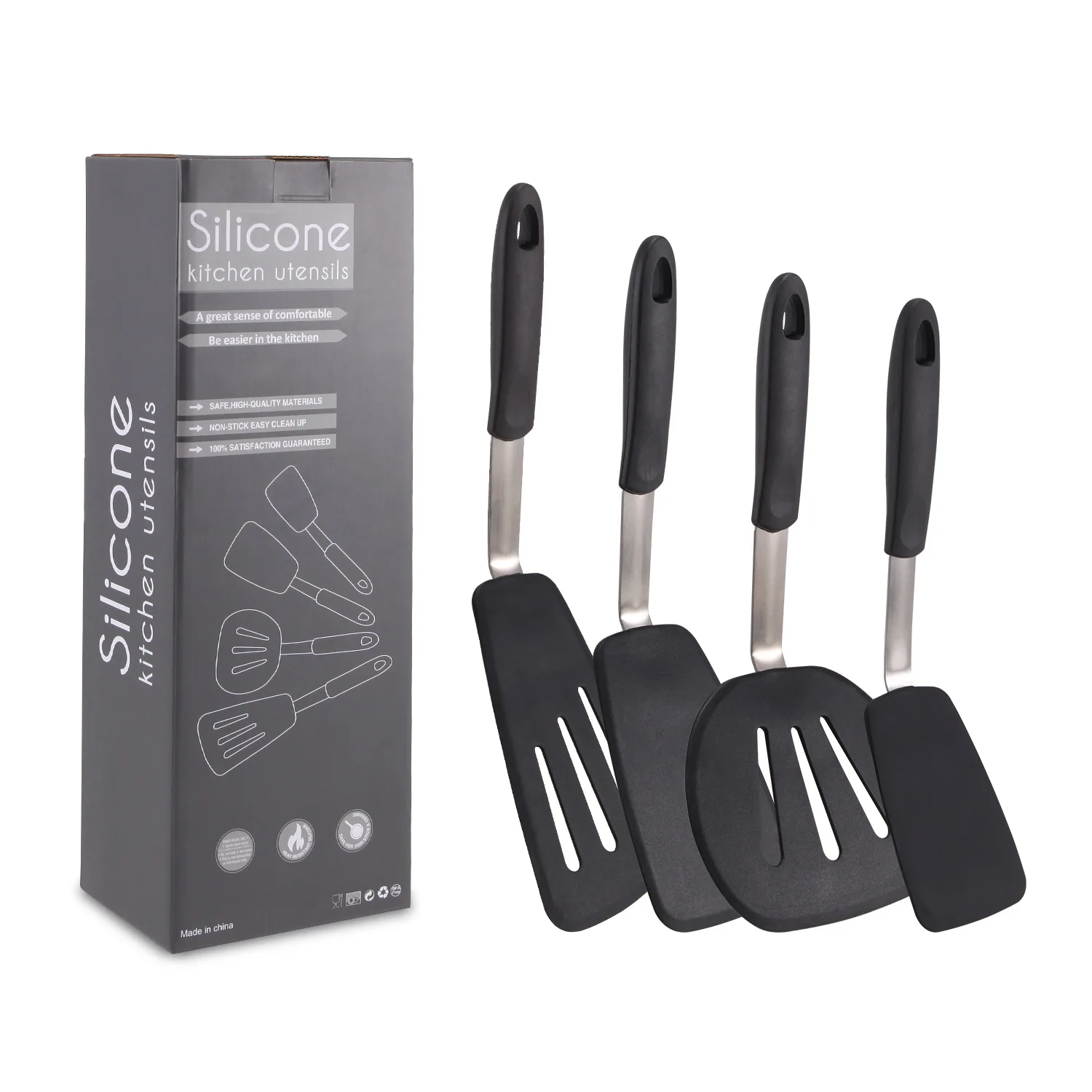 Non-Stick Stainless Steel Cooking Utensils Silicone Turner Spatula Set for Cooking Flipping Pressing Fish Pancake Eggs