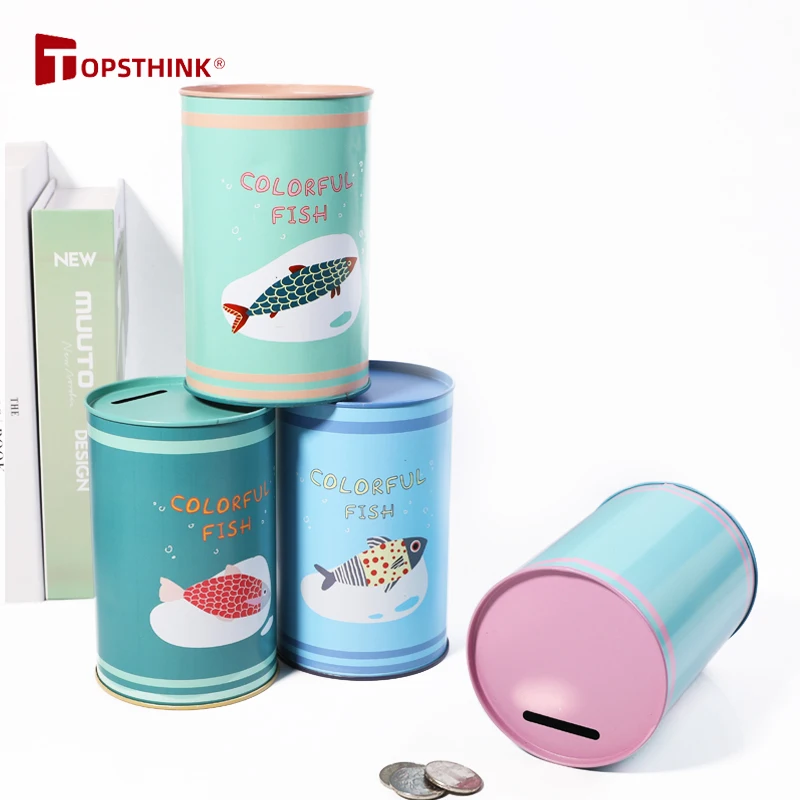 TOPSTHINK fish pattern cute piggy bank metal tin money box coin saving for kids gift