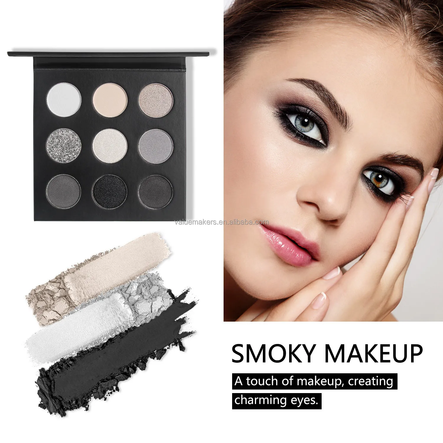 Private label smoky eyeshadow palette dark grey silver punk style eyshadow long lasting matte shimmer eyeshadow make up 9 colors