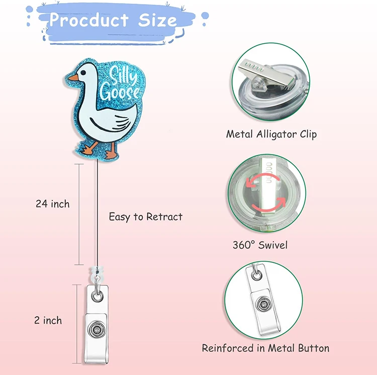 Funny Cute Glitter Acrylic Nurse Name ID Badge Holder Silly Goose Retractable Badge Reel  with Alligator Clip