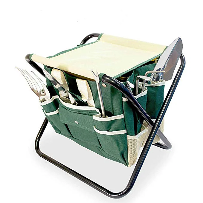 Extentclean Stainless Steel 7 Piece Tool Set Garden Kneeler Tool Bags Detachable Canvas Tote Bag Folding Pouches