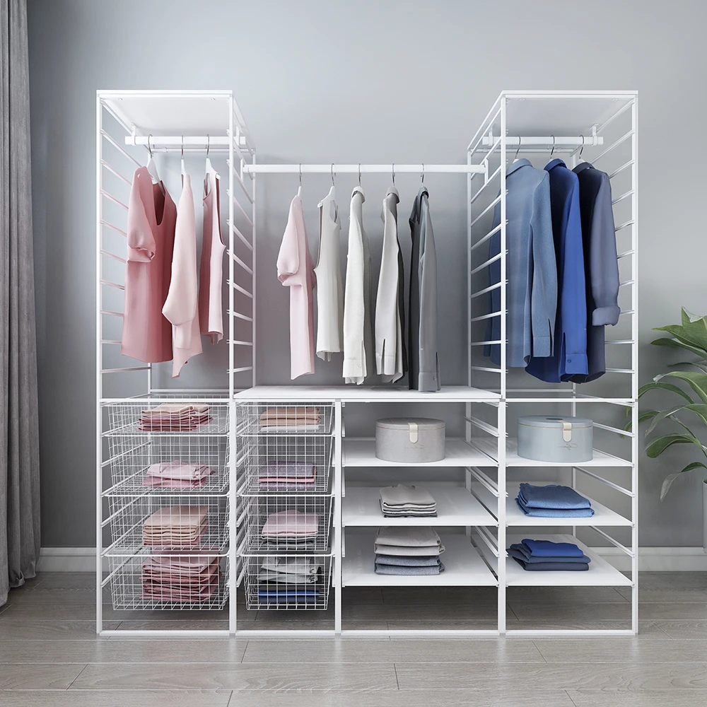 White Fashion bedroom wardrobe closet storage DIY closet organizer kits with wire basket hanging closet rod and Mdf Board