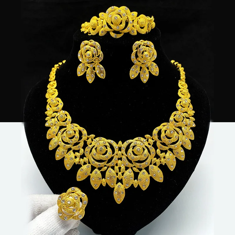 2024 new dubai soild wholesale bangles bridal wedding 24k fakes gold plated earrings bracelet rings india jewelry set for women