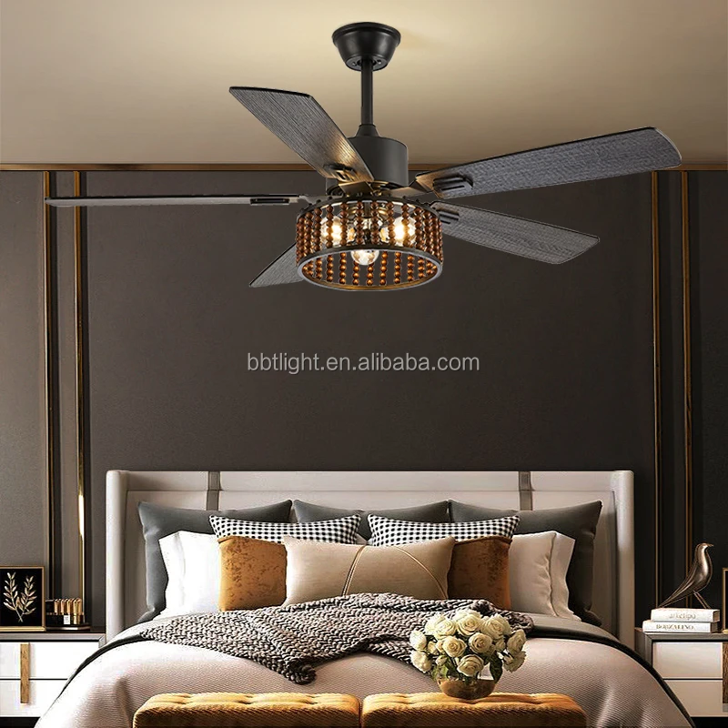 European style big wind fan light wooden leaf retro home with light remote control inverter ceiling fan