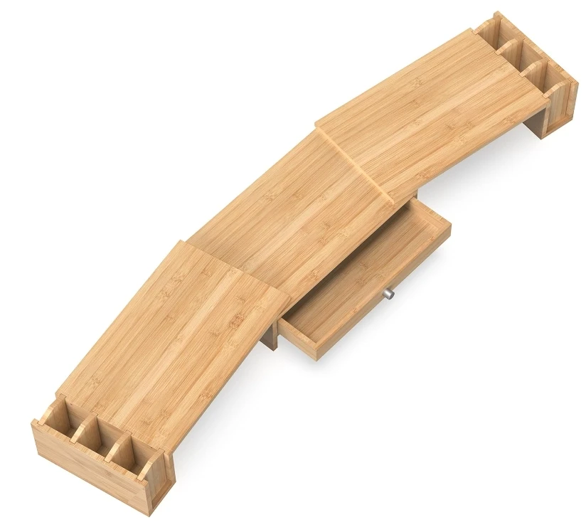 Large Dual Monitor Stand Riser with Drawer and Pen Holder, Desktop Organizer with Adjustable Length and Angle, Bamboo