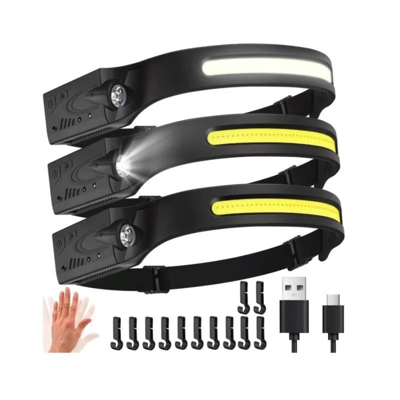 COB LED USB перезаряжаемый налобный фонарь водонепроницаемый 3 аварийные фары с крючками для шлема