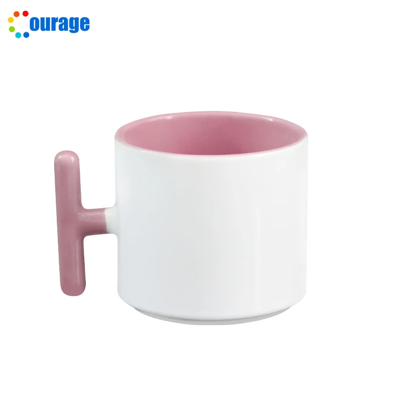 T shape handle inner color coffee mugs custom logo printed sublimation ceramic mug 8oz