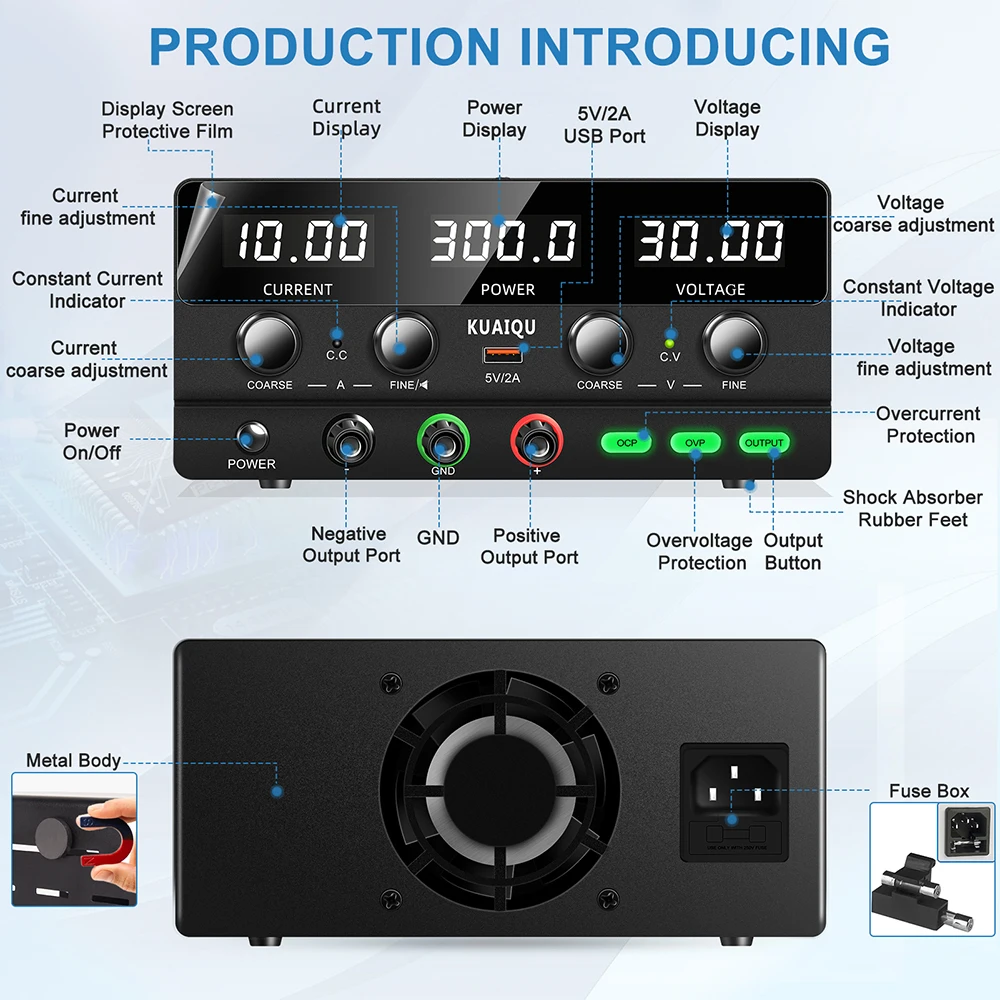KUAIQU SPPS-H3010 30V 10A 300W Adjustable Bench Switch DC Power Supply OCP OVP Output Short Circuit Protection USB Quick Charger