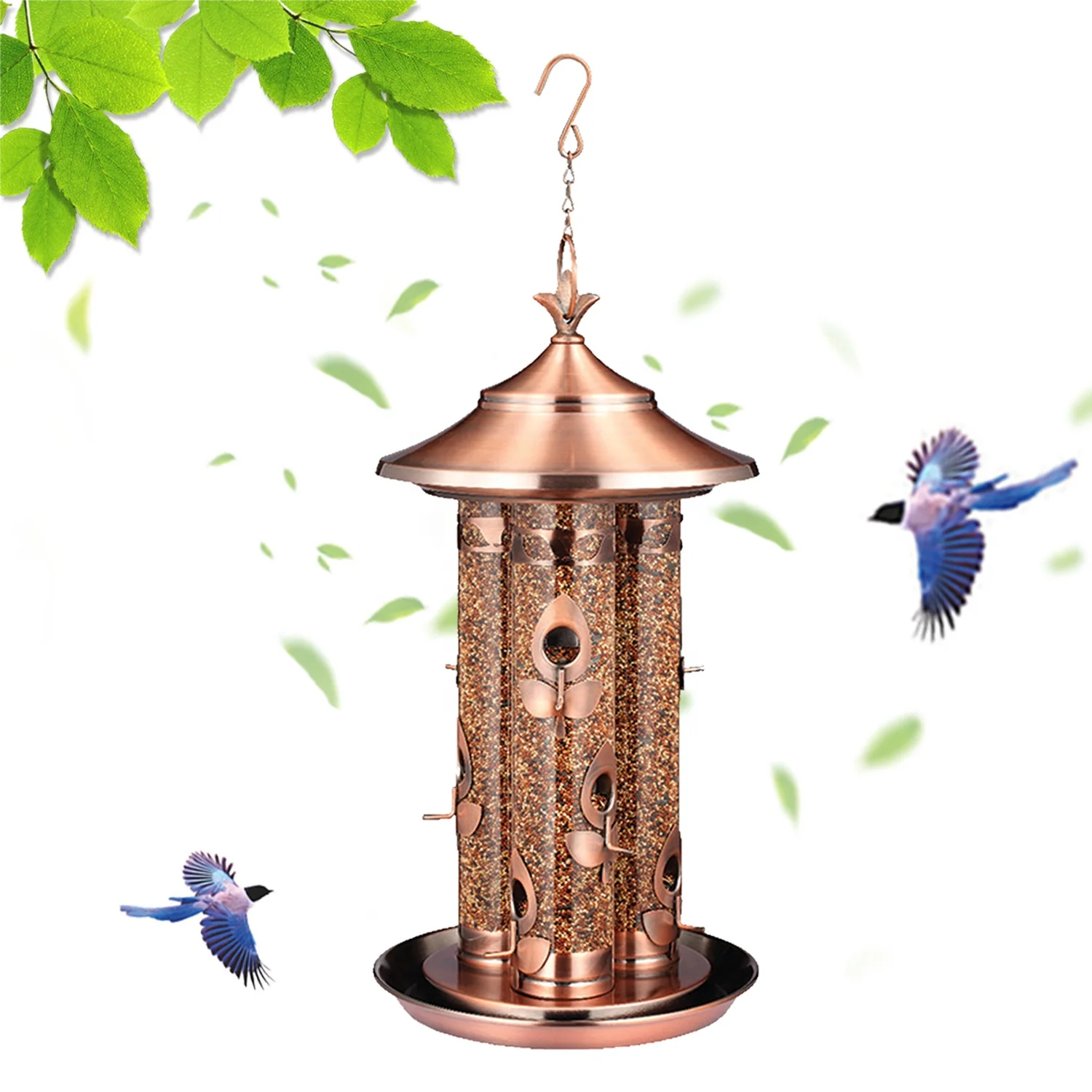 2021 Factory Direct Triple Plastic Tubes Copper Plating Metal Lid And Tray wild Bird Feeder For Outdoor Garden Hanging