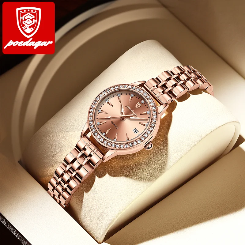 POEDAGAR Female Watch Rose Gold Luxury Brand Diamond Ladies Wristwatch Waterproof Stainless Stain Date Quartz Watches For Women