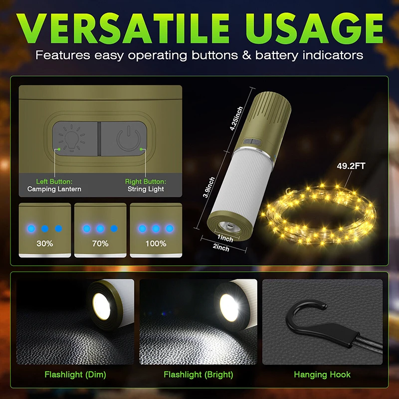 Portable Multiple Light Source Camping Lantern USB Rechargeable Camping LED Tent Hanging Ambiance Warm LED String Lights