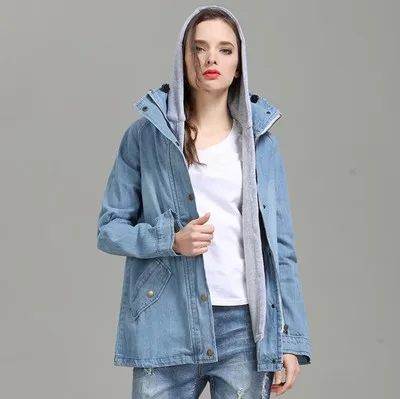JACKETOWN Korean Women two piece hooded vest denim jeans jackets plus size denim coat for ladies