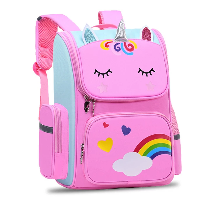 
 Школьные ранцы для девочек, нейлоновый рюкзак розового цвета с принтом единорога для учеников детского сада, милые водонепроницаемые детские школьные портфели   (1600334600180)