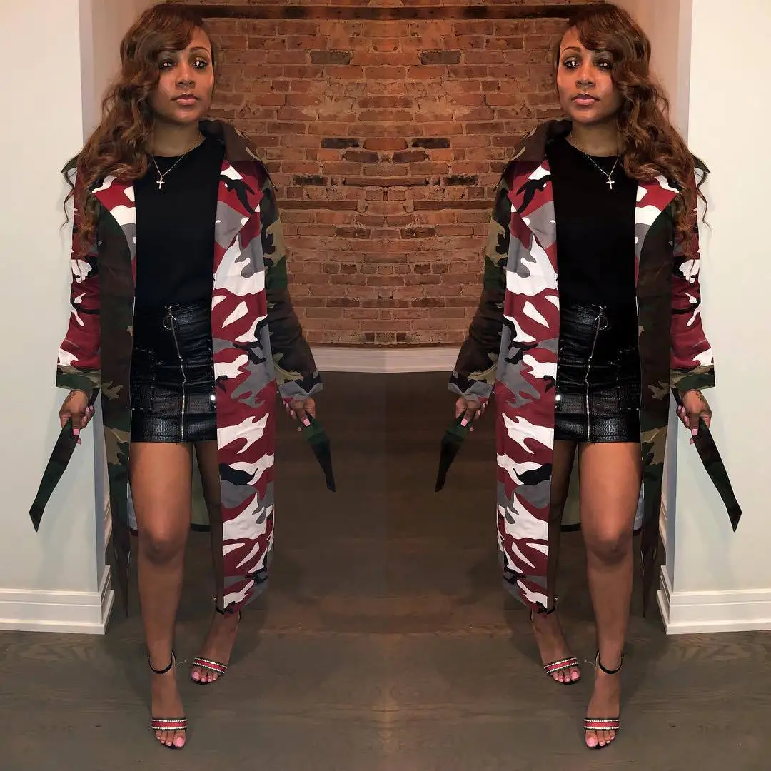 Wholesale Ladies Outdoor Wear Turn Down Collar Belt Camo Patchwork Trench Coat Women Long Windbreaker Jacket