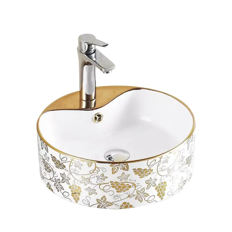 Art Basin Gold Pattern Round Countertop Ceramic Bathroom Hotel Vessel Sink Luxury