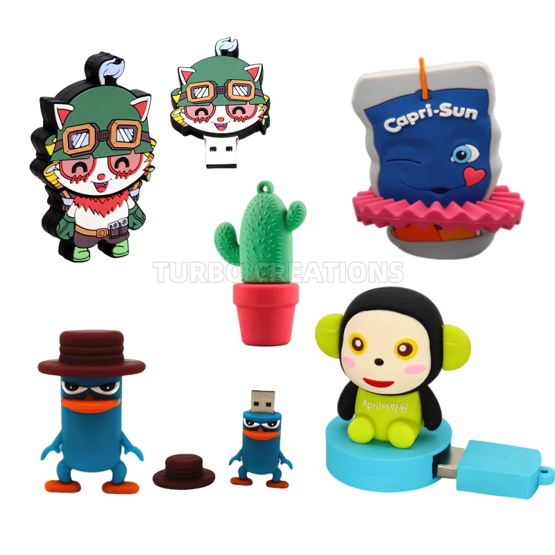 Custom 3D Cartoon Shape USB Flash Drive PVC Silicone Memory Stick 3D Design Printing Advertising Gift Capacities 128GB 512GB