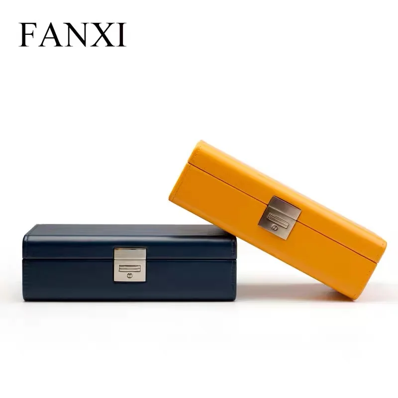 
Top selling Luxury Watch Case Storage box Navy Blue and Yellow Pu leather with velvet insert for 4 watches jewelry Watch Case 