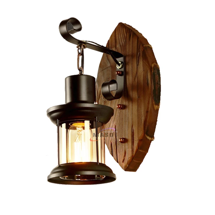 wooden light fixture retro industrial decoration balcony lamp Iron glass wall lamp for restaurant/cafe decoration