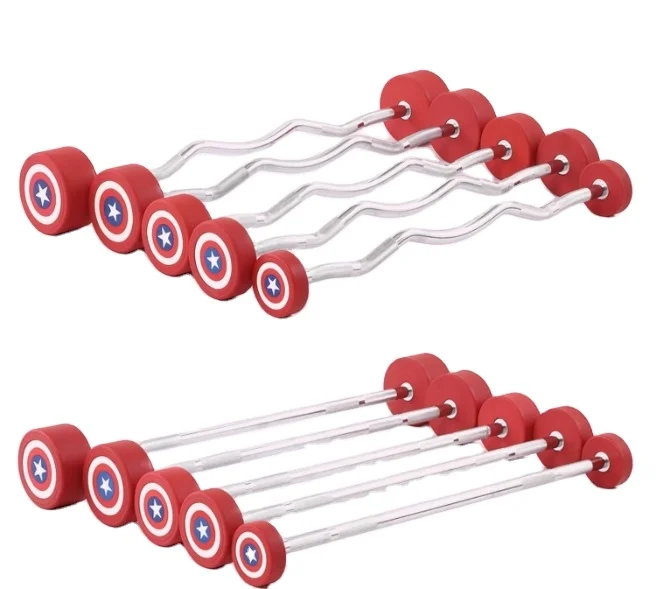 Fixed PU barbell coated rubber straight bar curved bar gym commercial 10-30KG barbell set with barbell rack