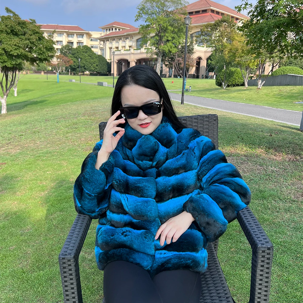2023 winter women luxury real chinchilla fur coat blue color fast delivery promotion cost ladies genuine fur coat