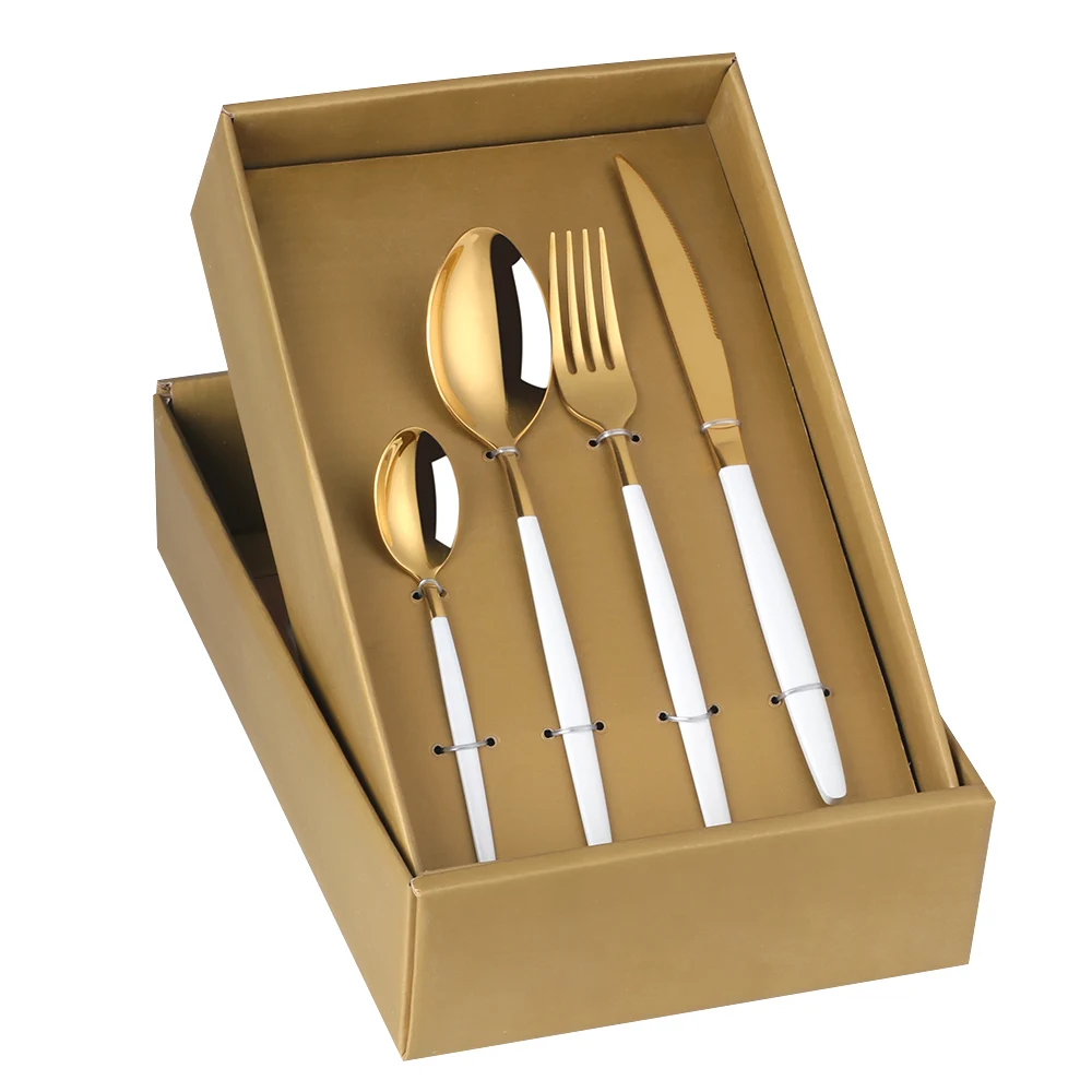 Luxury 16pcs cutlery set stainless steel knife fork spoon white handle flatware set with case