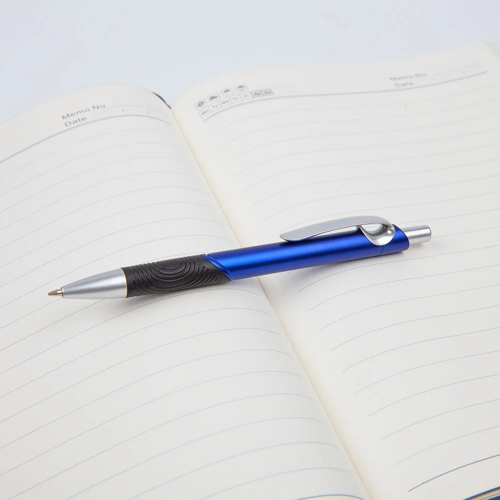 In Stock Blue Ink Advertising Gift Pen Click Customized Logo Hotel Business Plastic Ballpoint Pen 0.5mm Nib