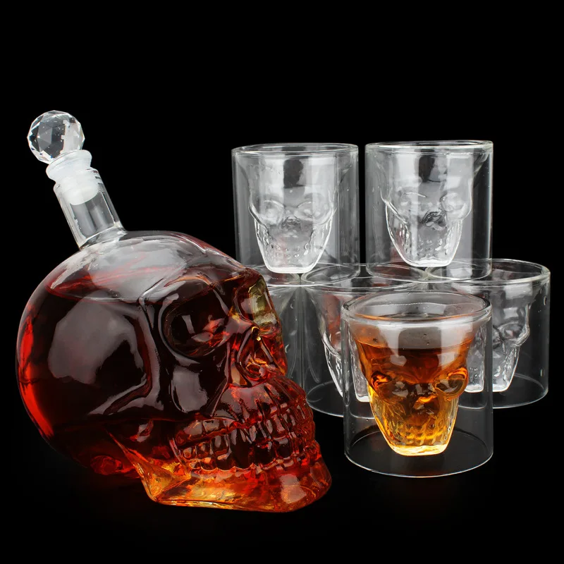 Old Fashioned 750ml Skull Skeleton Wine Whiskey Decanter Set With 6 Skull Head 70ml Skeletons Shot Glasses