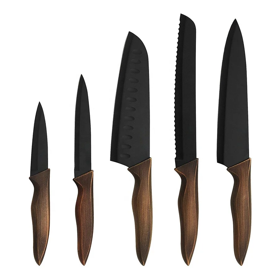 Non stick coated blade kitchen knives wholesale 5 pcs set of knives wood grain handle knifes set kitchen tools
