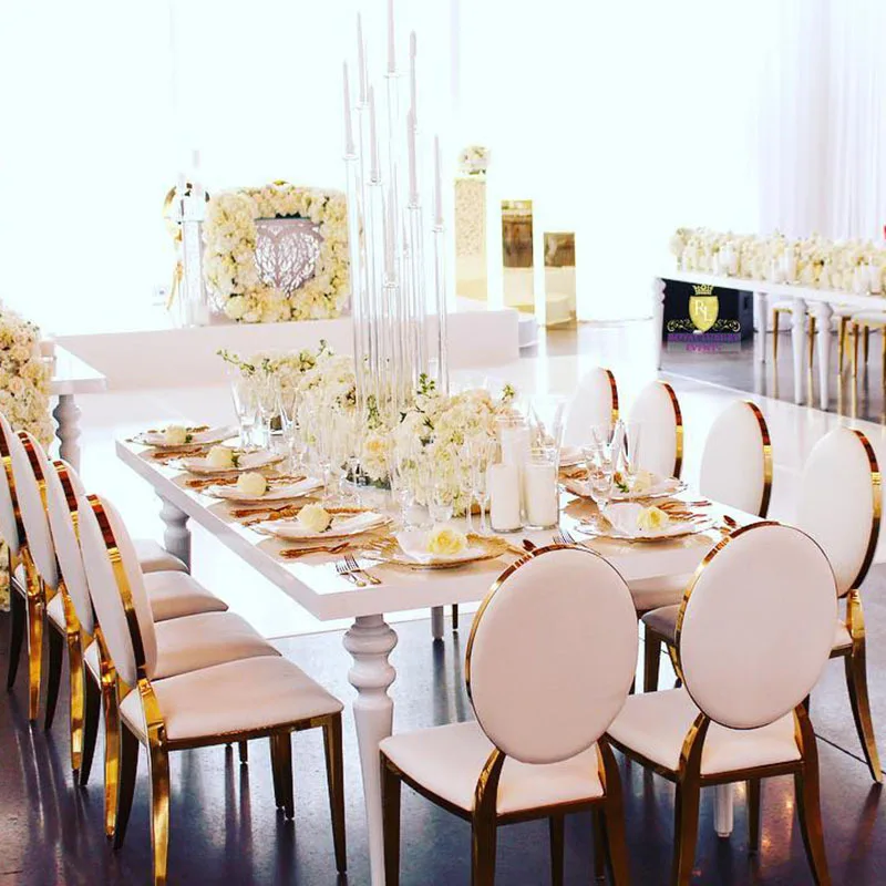 Hotel Banquet Wedding Events Party Round Oval Back Gold Metal Stainless Steel Stackable White Wedding Chairs