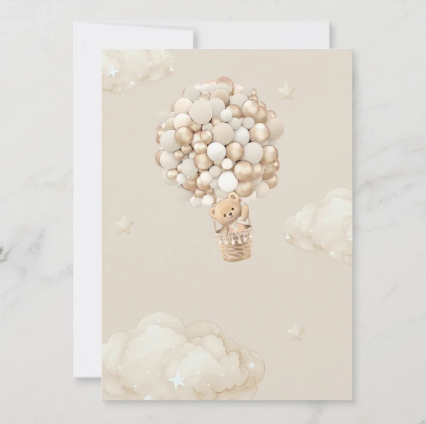 Bear Balloons Bearly Wait Baby Shower christening Invitation card