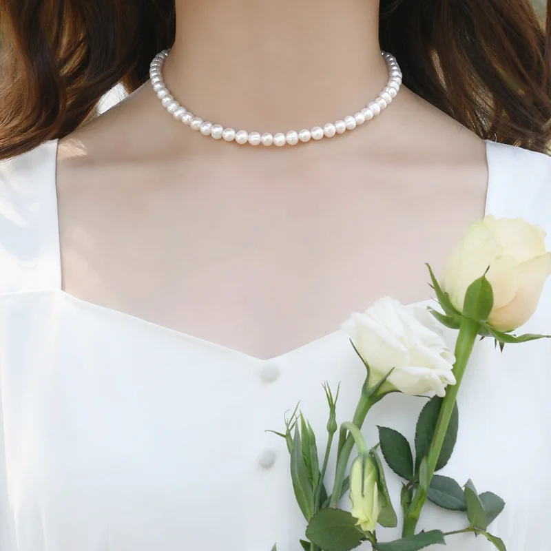New Style Fashion  6-7mm White Cultured Freshwater 925 silver simple clavicle chain Pearl Necklace