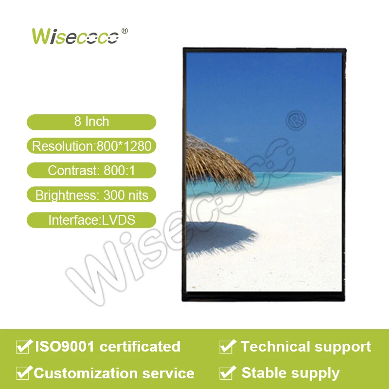 Wisecoco Custom Lcd Screen 8 Inch Wide Temperature Lvds 24Pins 300Nits 800*1280 Lcd Tft Display Modules