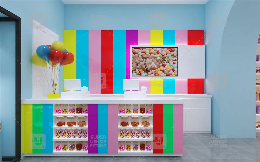 Красочная подставка для леденцов самостоятельной сборки голубой сладкий магазин украшение круглые деревянные корзины конфет на заказ акриловая витрина полка продажи