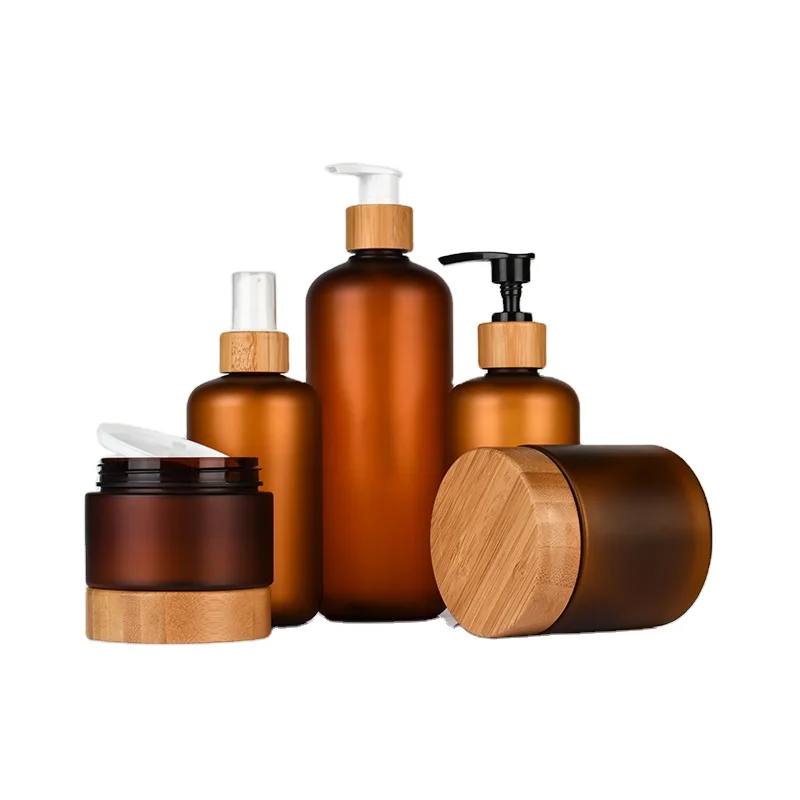 Biodegradable empty cosmetic packaging 30ml 60ml 120ml 250ml 500ml boston pump lotion bottle with bamboo lid