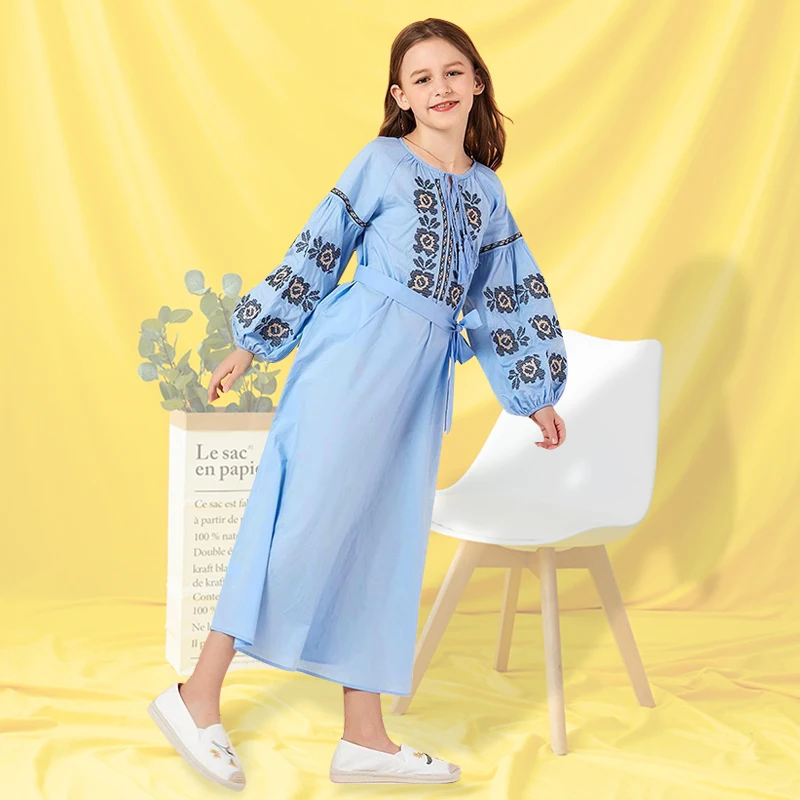 cheap wholesale child light blue lacing up muslim dress dubai kids clothes long sleeve dress
