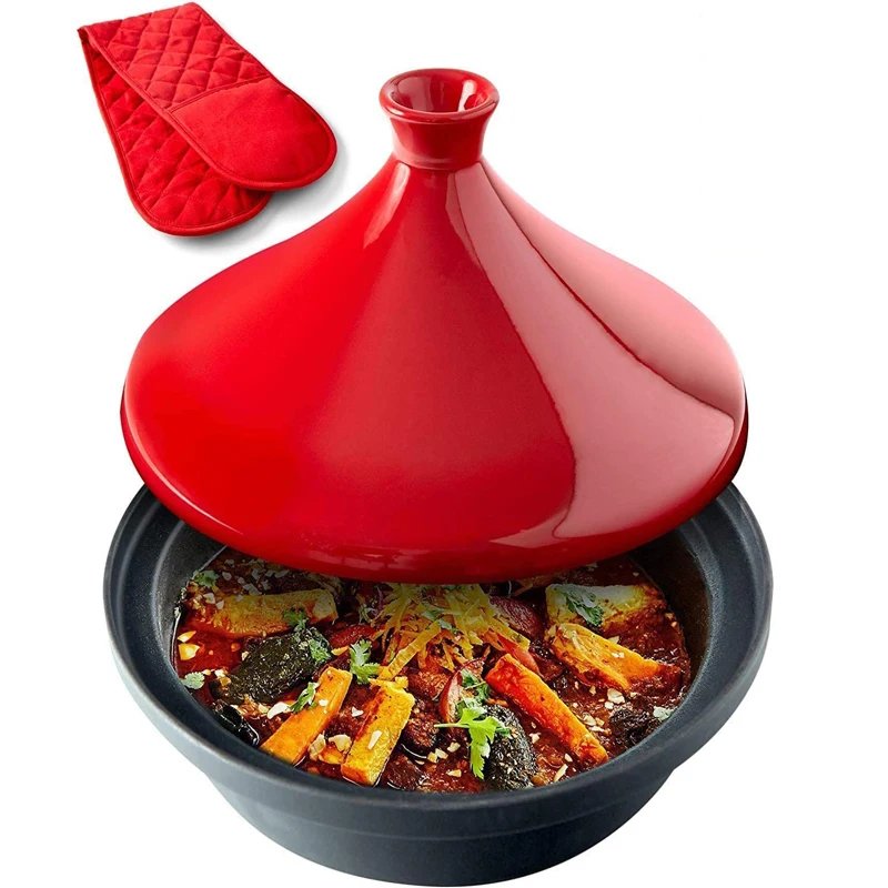 Красная чугунная Марокканская тагина, 4 кварты, эмалированная подставка и конусная керамическая крышка для выпечки, жарки, духовки, кухонные принадлежности