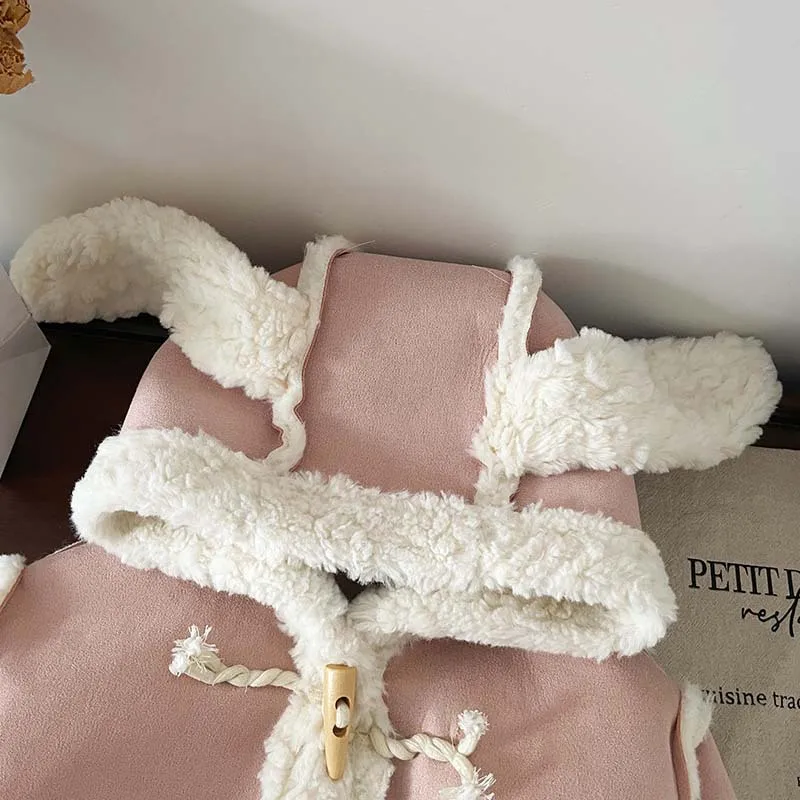 80-130cm Winter Kids Fur Coat Suede Fabric Plush Thickened Cardigan Horn Buttons Kids Wholesale Clothing Pink kids Winter Coat