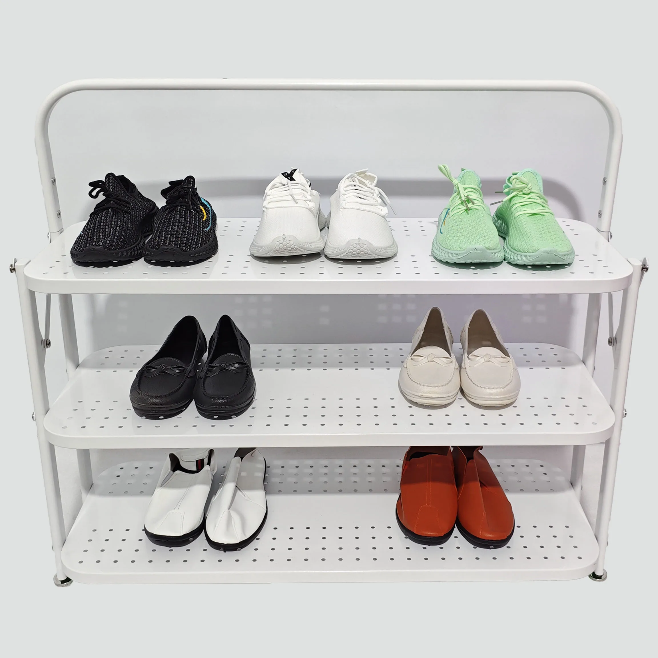 3 tier metal shoes display stand Présentoir de produits  foldable display racks floor stand shelf with adjustable feet