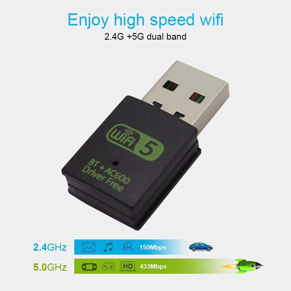 600Mbps 2.4/5.8Ghz Wireless External Receiver Wifi Lan Dongle Network Card Dual Band USB Wifi Adapter for PC Laptop