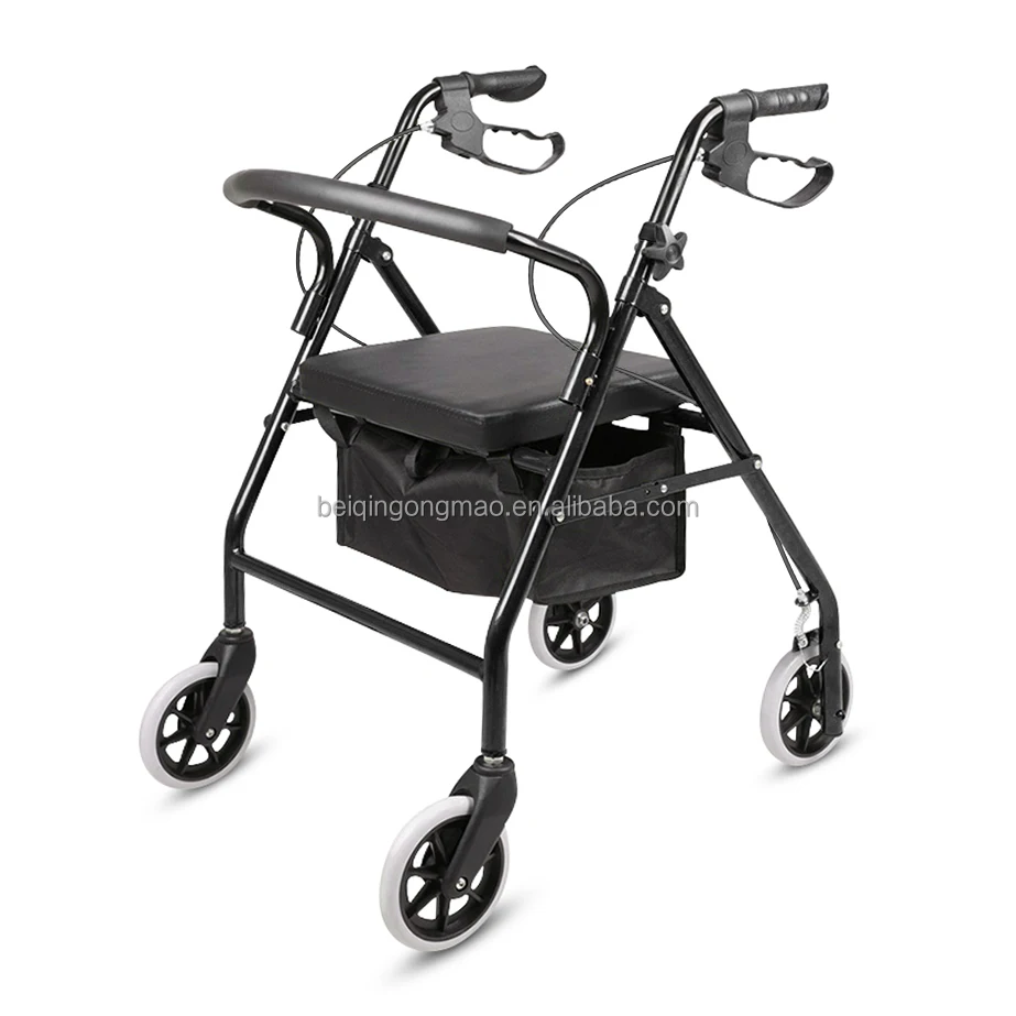 Height Adjustable Handicapped Four Wheels Aluminum Folding Rollator Walker With Seat