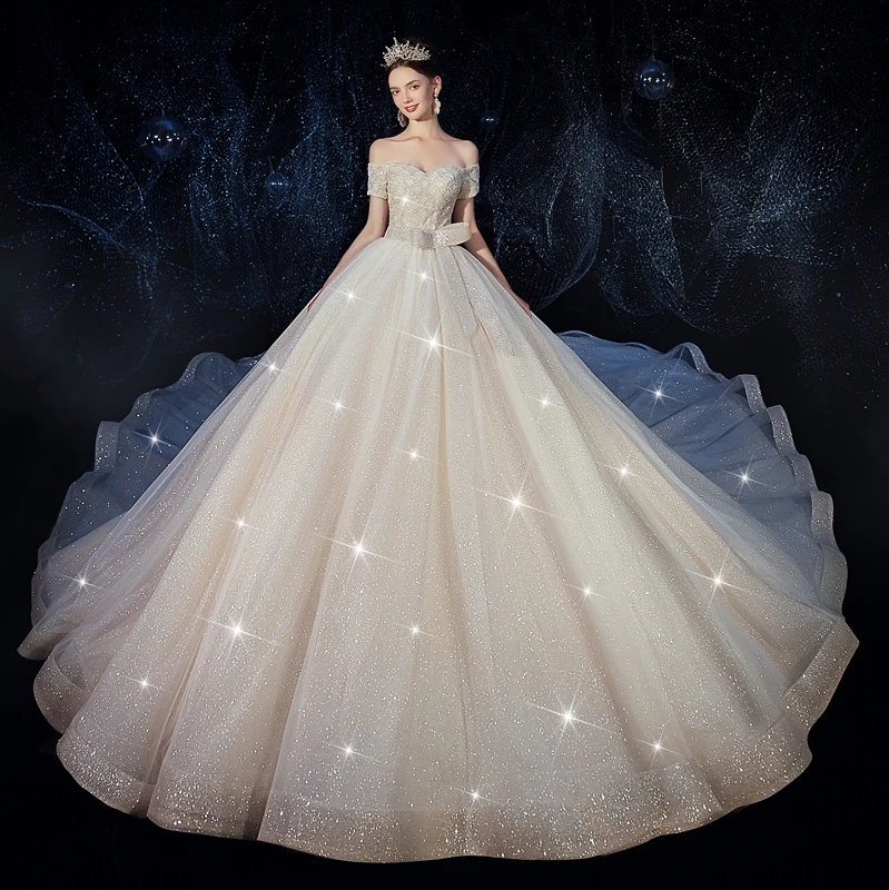 Sexy Luxury Heavy Beading Crystal Shing Off Shoulder Long Train Noble Wedding Dress A-line Ball Gown with Belt