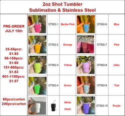 2oz Shot Glasses Tumbler Sublimation Stainless Steel Cup Wine Alcohol Metal Mini Tumbler with Straw and Lid