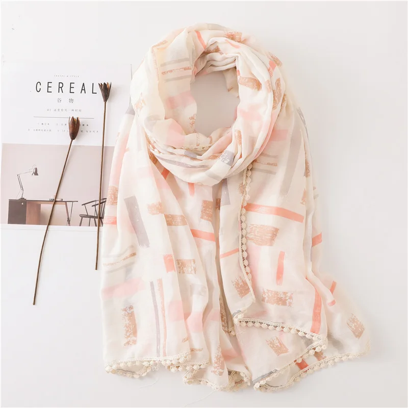 Wholesale Custom Floral Print Women Hijab Linen Cotton Scarf With Tassel
