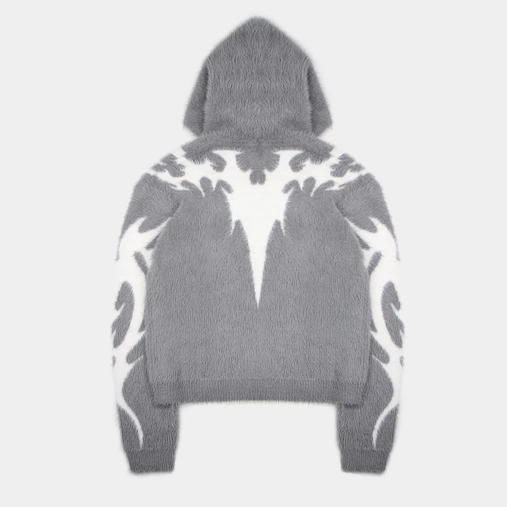 Custom Design Mohair Zip Hoodie Men Winter Knit Fuzzy Fluffy cardigan Oversized Knitwear Sweater Jacquard Mohair Hoodie Jacket