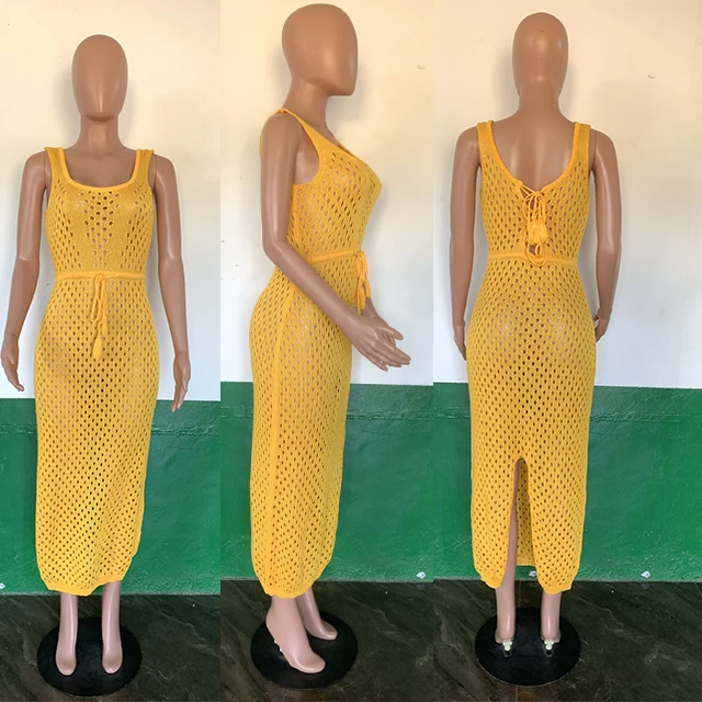 GX3336 Boutique summer sexy bodycon casual long slit dress sleeveless sexy see through hollow beach dresses