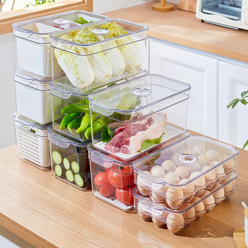 Modern 4-Piece Acrylic Food Storage Containers Set Lids Refrigerator Stackable Organizer Drawers Bins Baskets Vegetables Box