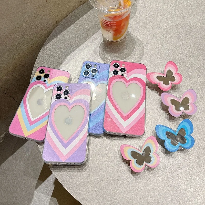 ins wind love mirror butterfly stand phone case for iPhone 11 12 13